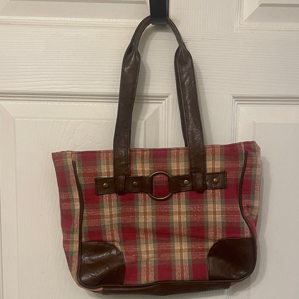 Longaberger Plaid Red and Cream Small Tote Bag with Brown Trim